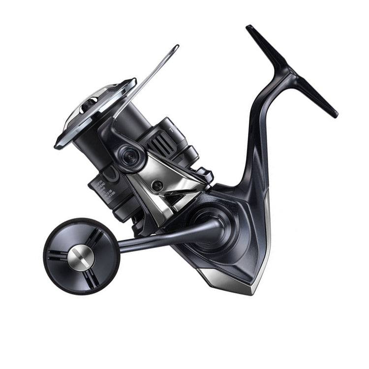 A black and silver fishing reel with a modern design, photographed against a clean white background. The reel features a smooth, ergonomic handle and a sleek, streamlined body.