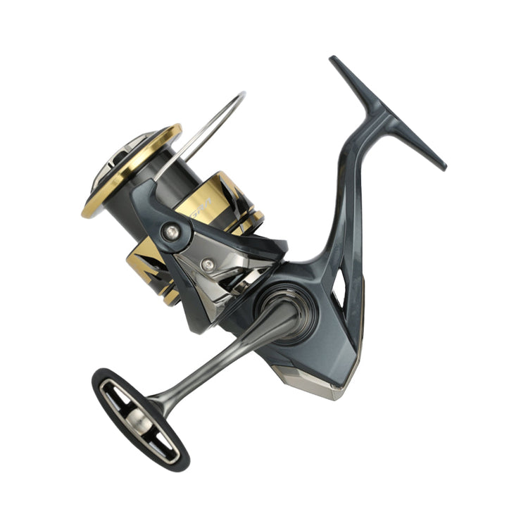 A modern spinning fishing reel with a gold spool, silver and black accents, and an ergonomic handle. It features a sleek design, suitable for freshwater and saltwater fishing.