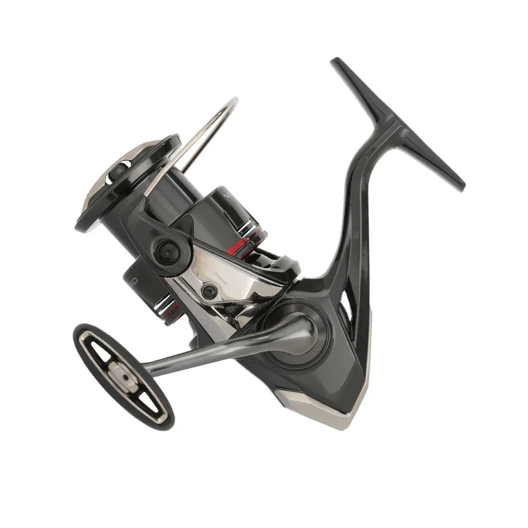 A modern, sleek black fishing reel with a metallic finish, featuring a large handle and spool. The design is streamlined and ergonomic, suitable for versatile fishing experiences against a white background.