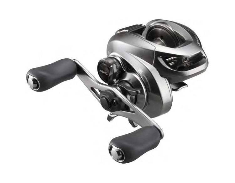 A sleek, modern fishing reel with a metallic finish and two black rubber grips. The reel features multiple knobs and components, showcasing its advanced design.