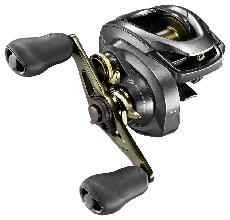 A high-quality black and metallic fishing reel with two ergonomic handles, featuring geared mechanics and a sleek, modern design.