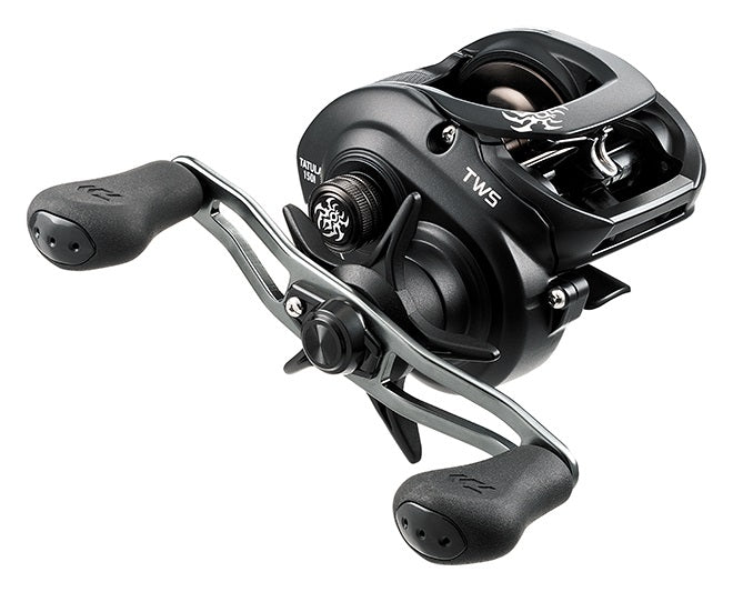 A black and silver baitcasting fishing reel with ergonomic handles and visible gear mechanism.