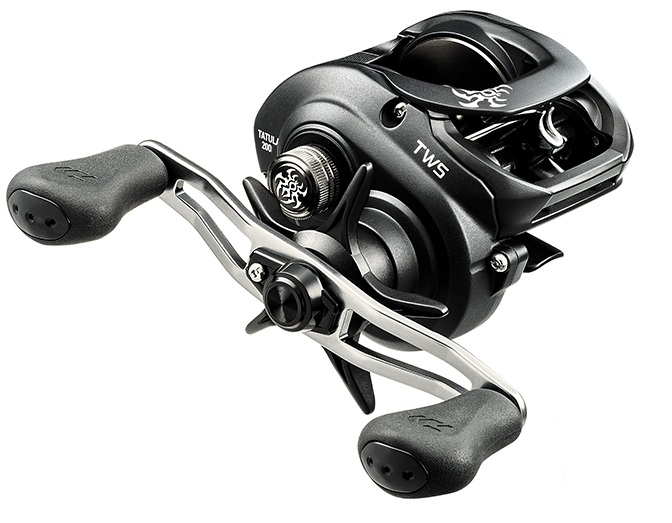 A black baitcasting fishing reel with ergonomic grips and metal components, designed for precision and efficiency. The reel features intricate mechanics and a sleek, modern design.