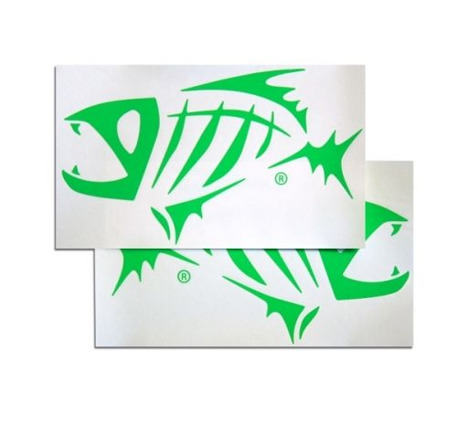 Two overlapping G. Loomis rectangular stickers featuring green stylized skeleton fish designs on a white background. The fishbone shapes have sharp, angular lines, each with an "R" symbol, possibly indicating trademark registration. Ideal as the G. Loomis Green Skeleton Fish Boat Decal Set for any fishing enthusiast's gear or boat decoration.