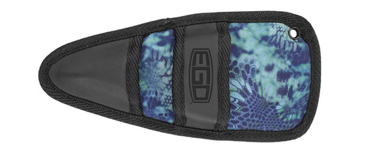 The EGO Kryptek Plier Sheath, featuring a black and blue Kryptek camo pattern with black trim and a corner metal grommet, includes a central black panel displaying the EGO logo in stylized letters to ensure seamless access for your essential fishing tools.