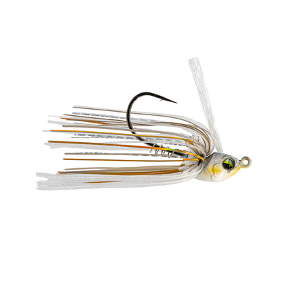 Introducing the 6th Sense Konda Finesse Swim Jig, this fishing lure showcases a lifelike fish head design, shiny eye, and sharp hook. It includes white and orange multi-strands and has a screw-lock keeper for secure bait attachment.