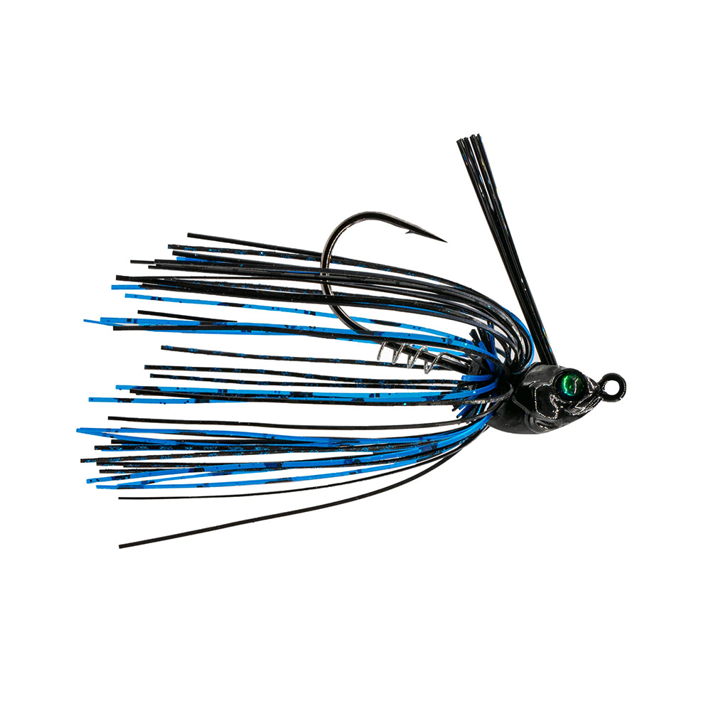 The 6th Sense Konda Finesse Swim Jig by 6th Sense is a fishing lure with a dark head, precision-engineered screw-lock keeper, single hook, and black and blue skirts that mimic small fish or aquatic insects.