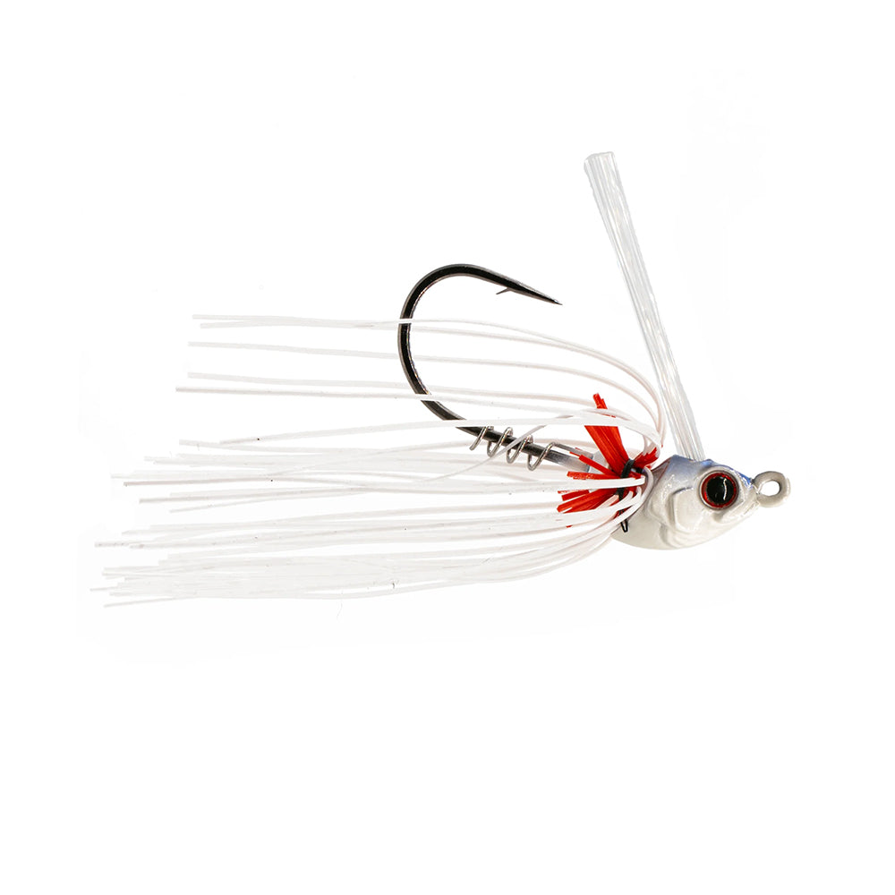 The 6th Sense Konda Finesse Swim Jig features a fish-shaped head, precision-engineered screw-lock keeper, hook, and white/red tassel skirt. Its white/silver body has realistic eye details for an authentic look.