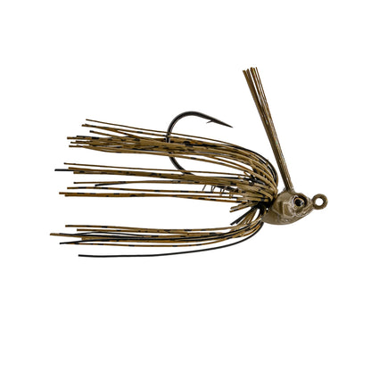 Introducing the 6th Sense Konda Finesse Swim Jig: engineered with a weighted head, sharp hook, and fringed skirt in brown and black. Its lifelike design mimics small fish or insects to attract catches, while a screw-lock keeper secures the bait.