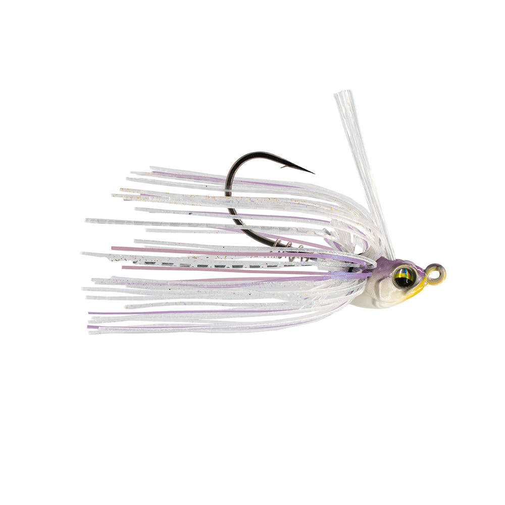 The 6th Sense Konda Finesse Swim Jig by 6th Sense is a detailed lure with a silver and white finish, featuring a precision-engineered screw-lock keeper. Its large hook and reflective strands mimic a squid or fish, attracting fish with its shimmering look.