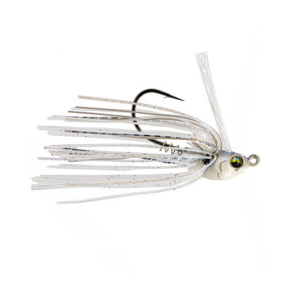 Introducing the 6th Sense Konda Finesse Swim Jig, a precision-crafted lure with a metallic body, sharp hook, iridescent skirt, and realistic fish eye. Its screw-lock keeper secures bait in any water condition.