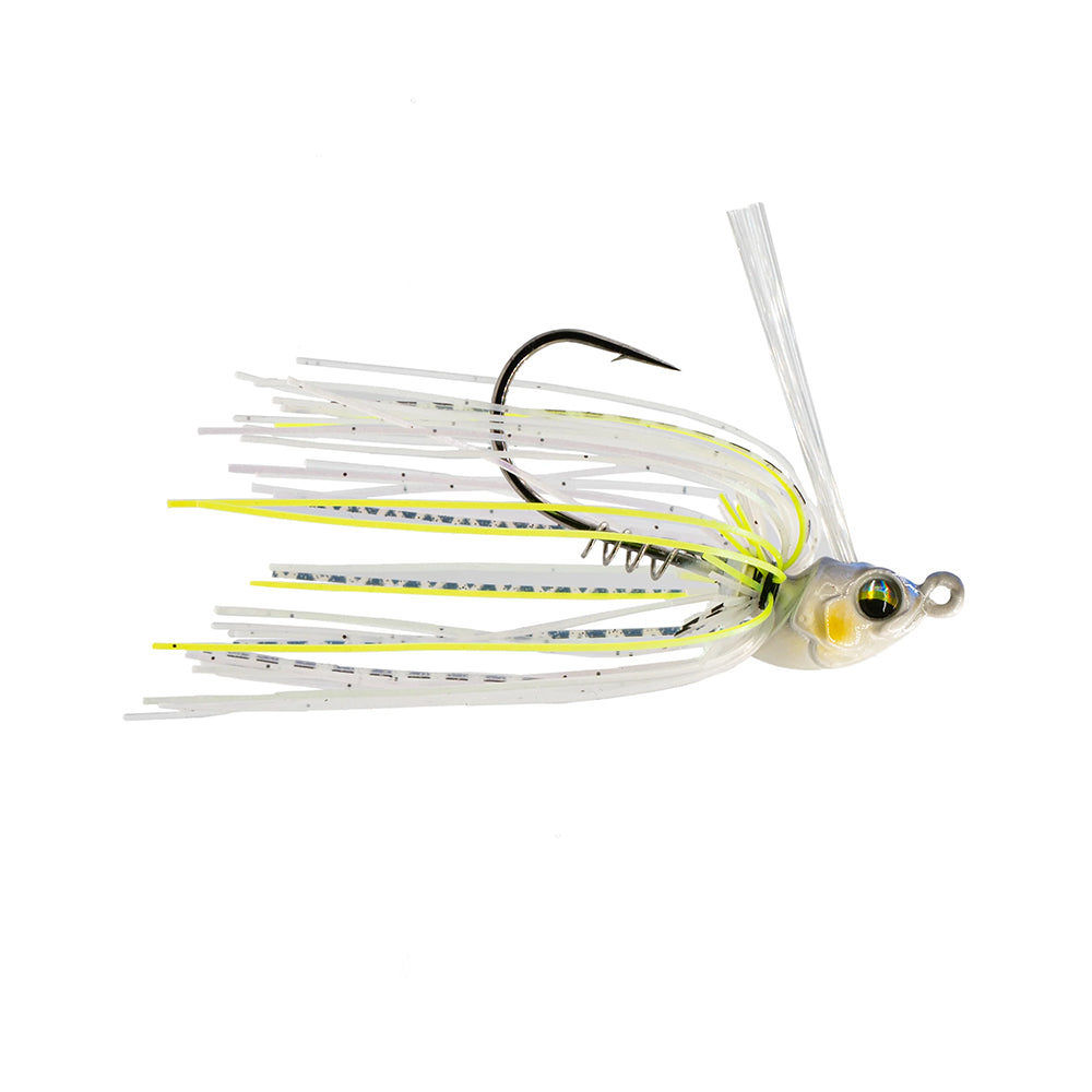 Introducing the 6th Sense Konda Finesse Swim Jig: a precision-engineered fishing lure with a white head, yellow eyes, and multicolored tassels. It features white, yellow, and black strands, a screw-lock keeper, and an upward-extending single hook.