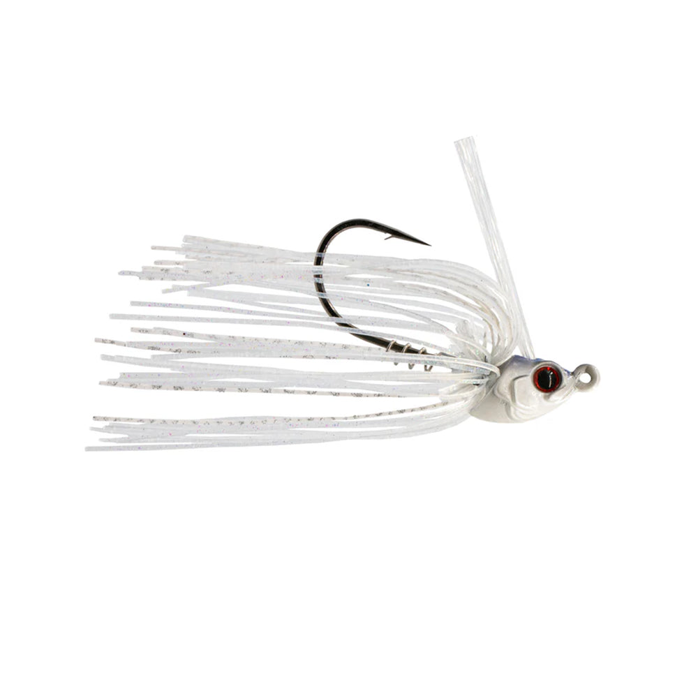 The 6th Sense Konda Finesse Swim Jig by 6th Sense features long, thin silvery strands and a shiny metallic head with a red and black eye. A large, sharp hook curves behind the head, and it includes a screw-lock keeper for optimal performance. Isolated on a white background.