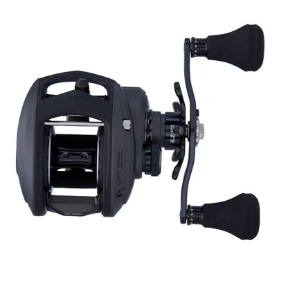 The Abu Garcia Revo Toro Beast Casting Reel 4.9:1 Right Hand by americanlegacyfishing features a sleek design with dual padded-grip handles, a metallic body with precise gearing, smooth finishes, and corrosion protection for freshwater and saltwater use.