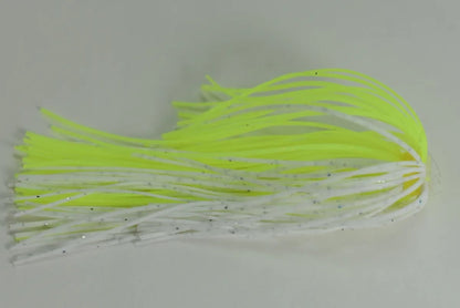 The Accent River Special Spinnerbaits from Accent is a vibrant fishing lure with neon yellow and white tassel-like strands, enhanced with glitter specks. Ideal for the Bassmaster Classic, it stands out against a simple light-colored background.