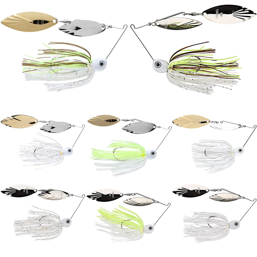 The Accent River Special Spinnerbaits collection includes nine lures featuring metal blades, colorful tassels, and fish-shaped heads with hooks. Available in white, green, black, and silver with speckled patterns, they're ideal for the Bassmaster Classic.