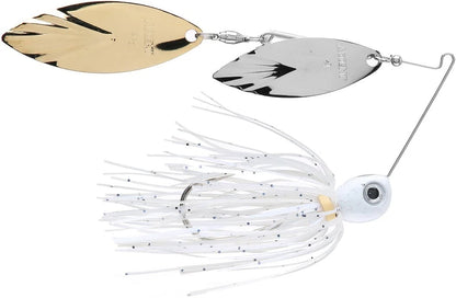 The Accent River Special Spinnerbaits by Accent, similar to those used in the Bassmaster Classic, boast a white skirt and two metal blades—one gold and one silver—on a curved wire. Its Double Willow design features a hook embedded in the skirt for enhanced performance.