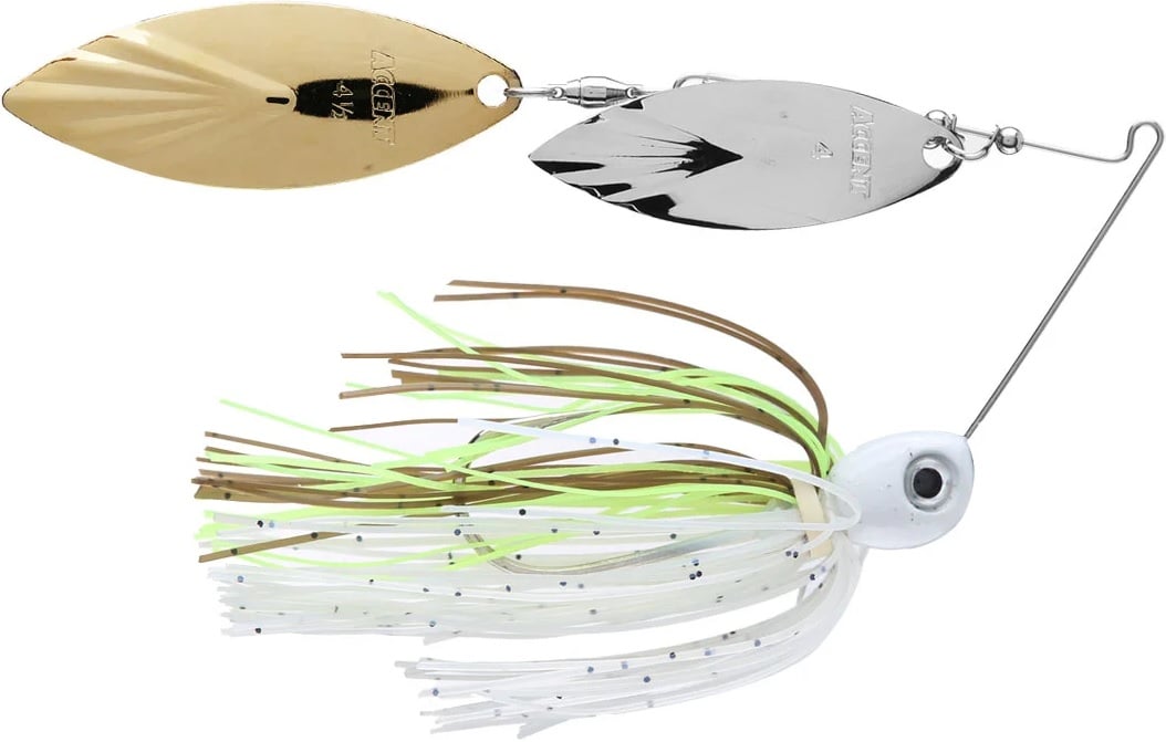 The Accent River Special Spinnerbaits by Accent is ideal for the Bassmaster Classic. It features a double willow spinner with white, silver, and gold colors, a large eye, and trailing strands in white, green, and brown to expertly mimic fish movement in water.