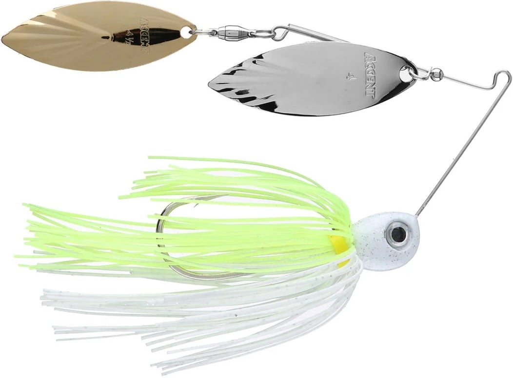 The Accent River Special Spinnerbaits by Accent features a double willow design with one gold and one silver blade, gracefully spinning above a white and lime green skirt. Crafted for the Bassmaster Classic, it includes a specialized hook and swivels that effortlessly attract fish.