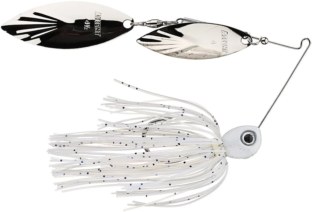 The Accent River Special Spinnerbaits, ideal for the Bassmaster Classic, feature two silver blades with a unique Double Willow design. Its fish-shaped weighted head has a large eye, and the white skirt adorned with black speckles mimics strands to lure fish.