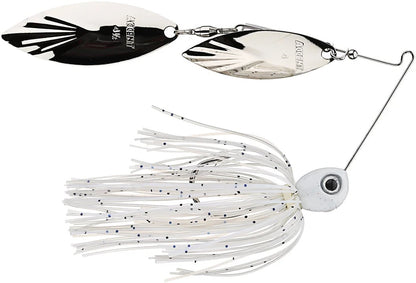 The Accent River Special Spinnerbait by Accent features a metallic finish with two silver blades and a white fringed skirt. Its double willow design and fish-shaped head with a large eye make it ideal for the Bassmaster Classic, perfect for attracting fish.