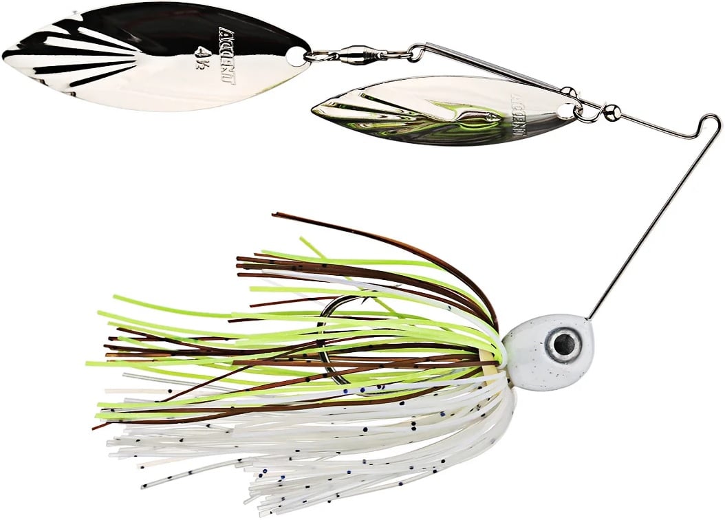 The Accent River Special Spinnerbaits by Accent, inspired by the Bassmaster Classic, features a silvery elliptical double willow blade with black and white stripes. The skirt blends green, brown, and white strands to highlight the partially visible hook on the wire.