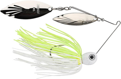 The Accent River Special Spinnerbaits from Accent feature a white head with a lime green and white skirt, enhanced by double willow silver blades.