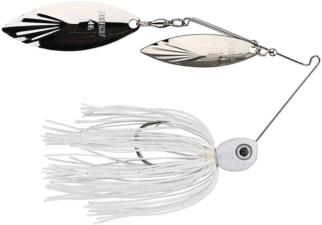 The Accent River Special Spinnerbaits, perfect for Bassmaster Classic fans, showcases double willow blades, a fish-eye weighted head, and a white strand skirt. All components are expertly connected by durable metal wire.