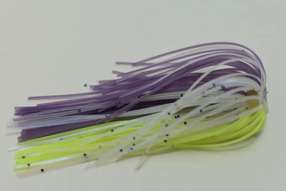 The Accent River Special Spinnerbaits, by Accent, features rubber strands in purple, white, and yellow with black specks on a light surface. Designed for the Bassmaster Classic, this expertly crafted spinnerbait ensures top performance with its vibrant hues.