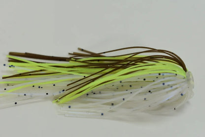 The Accent River Special Spinnerbaits by Accent has long, thin strands in yellow, brown, and clear with black speckles on an off-white background, resembling gear from the Bassmaster Classic.