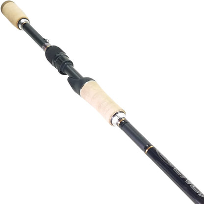 The ALX ENOX Spinning Rod Charmer 6'11" Medium Light (E28325FS) features a black shaft with light brown cork handles and metallic accents, displayed on a plain white background.