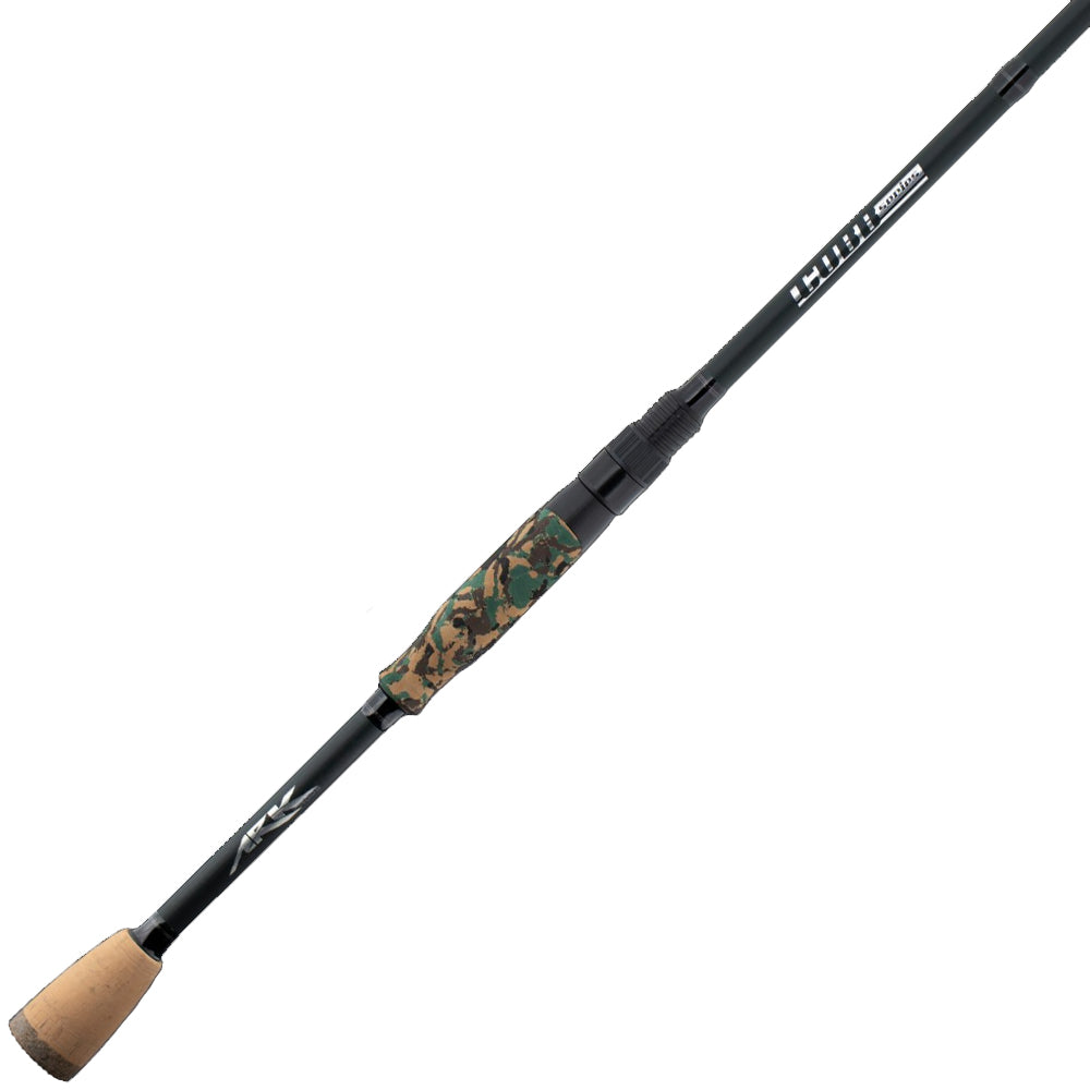 The Ark Fishing Cobb Series Spinning Rod 6'10" Medium Hartwell Magic | BB610MXS, with a black body and camo-patterned handle, is made using Japanese Toray 40T carbon-fiber for strength. It features a cork grip for comfort and "Medium Hartwell Magic" is labeled near the handle.