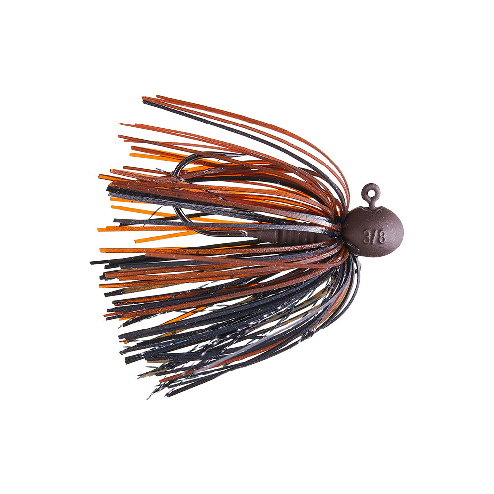 The Beast Coast L-Metal Open Water Sniper Football Jig by Beast Coast includes a 3/8 round brown weight and a skirt of long brown and black strands, ideal for smallmouth enthusiasts. The jig's precision design accurately mimics a jigging lure.