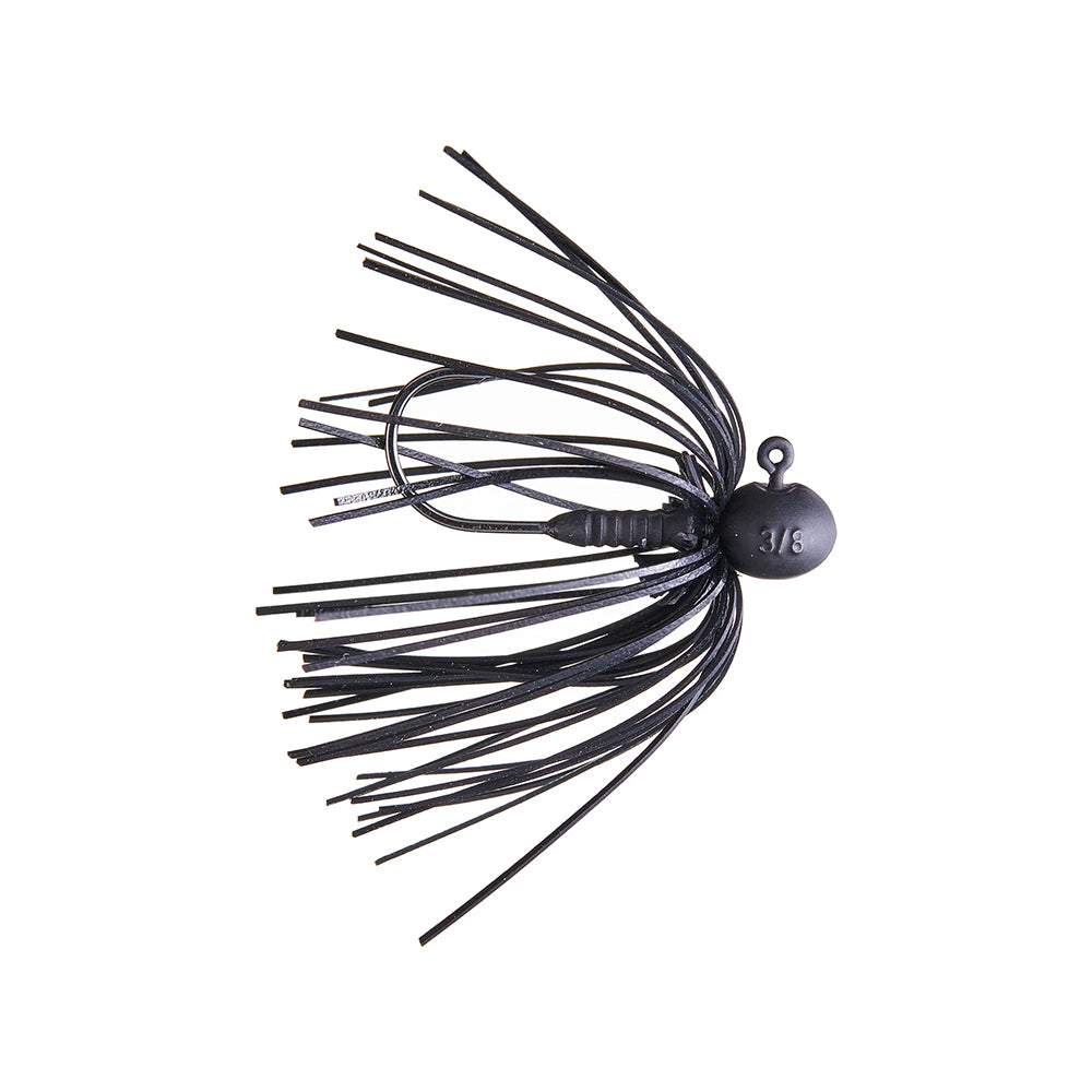 Meet the Beast Coast L-Metal Open Water Sniper Football Jig—a black, round-headed 3/8 fishing jig. Ideal for smallmouth enthusiasts, its flexible strands and precision needlepoint hook mimic prey to lure fish effectively.