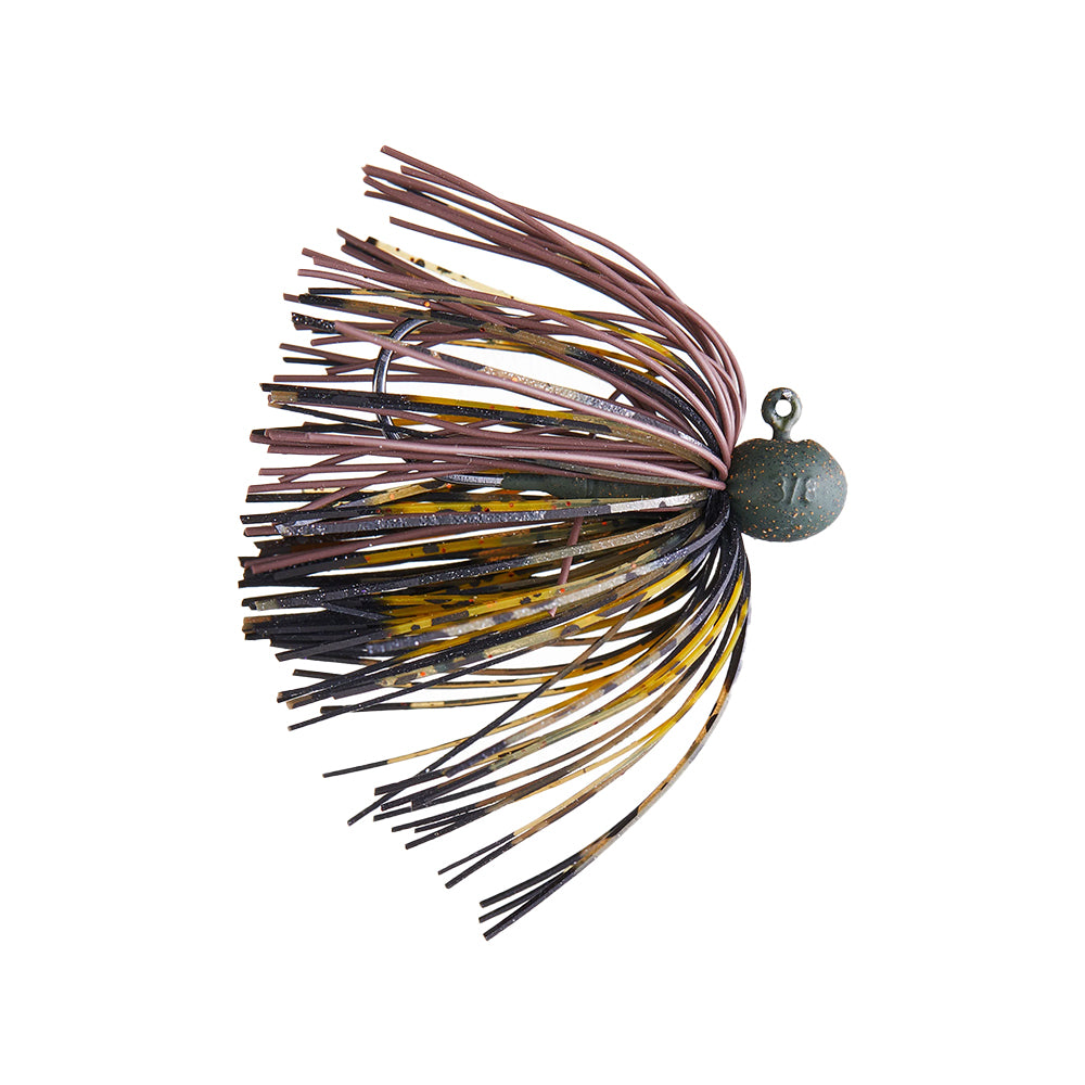 Introducing the Beast Coast L-Metal Open Water Sniper Football Jig, with a round, textured head and needlepoint precision. Its multi-colored strands in brown, black, and yellow mimic natural aquatic vegetation perfectly to attract fish.