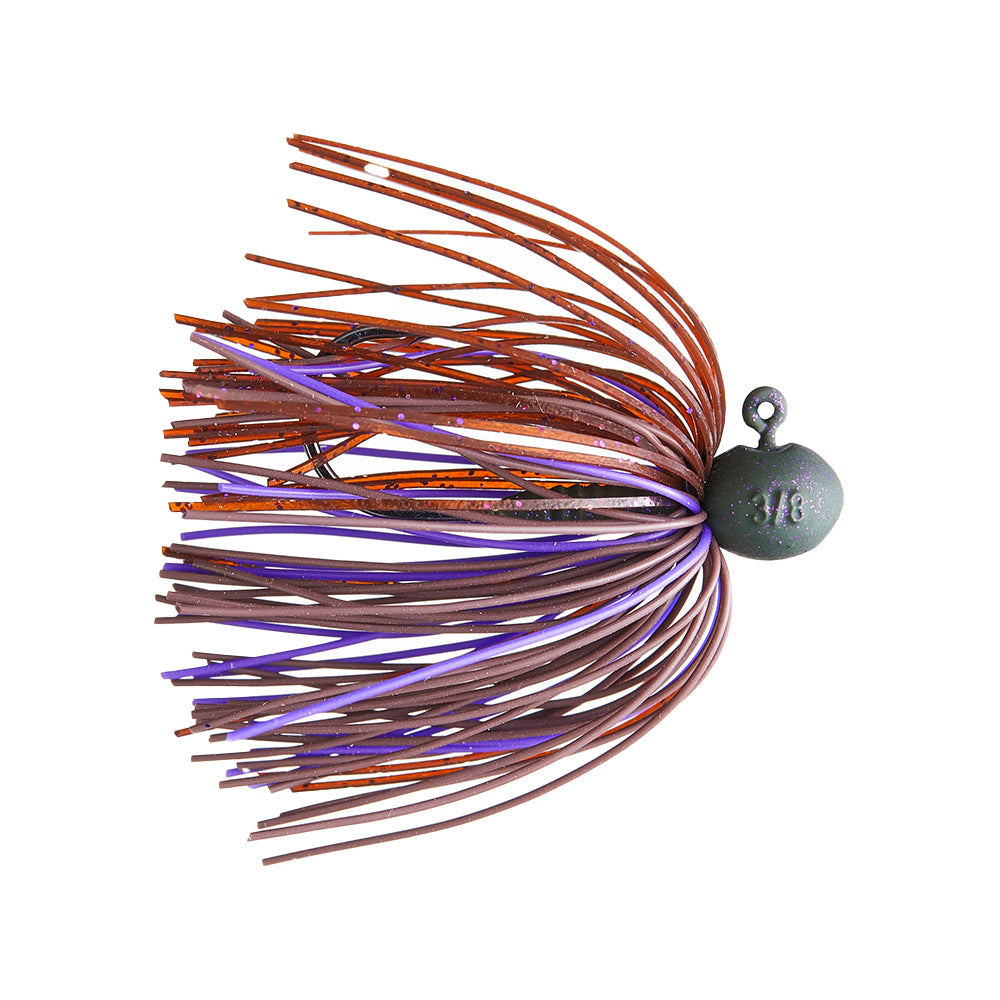 The Beast Coast L-Metal Open Water Sniper Football Jig, perfect for smallmouth enthusiasts, boasts a circular weight marked "3/8" and a multicolored skirt with thin brown and purple strands, crafted with precision akin to needlepoint artistry.