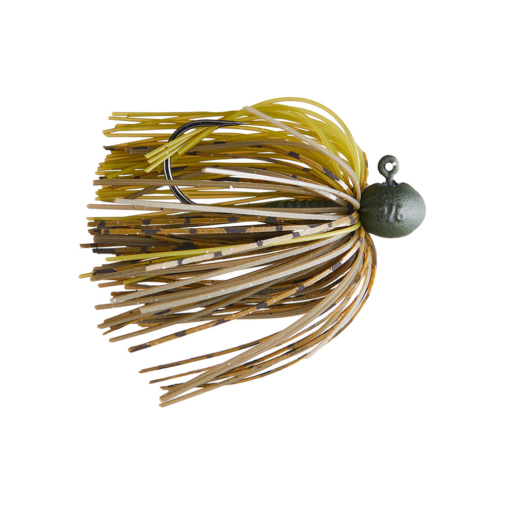 Introducing the Beast Coast L-Metal Open Water Sniper Football Jig—a fishing jig with a round head and multicolored skirt in yellow, brown, and green. Ideal for smallmouth enthusiasts, its needlepoint hook is expertly crafted to mimic aquatic prey.