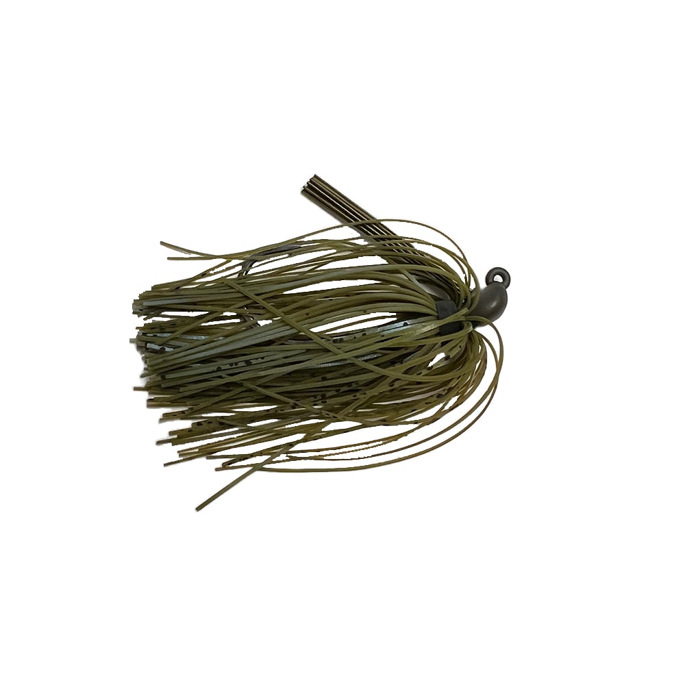 The Beast Coast Tungsten Vanquish Flippin' Jig in green and brown features a fringed skirt that creates a natural look, with a modified Arky style dark head that includes an eyelet for easy attachment. The diverse silicon skirt strands increase its appeal, making it irresistible to fish.