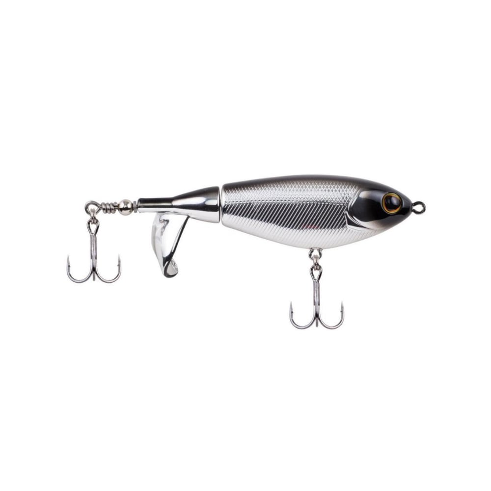 The Berkley Choppo by Berkley is a silver fishing lure featuring a fish-like design, precision balance with two treble hooks below, a durable tail propeller, sleek textured body, and a single eye detail near the front.