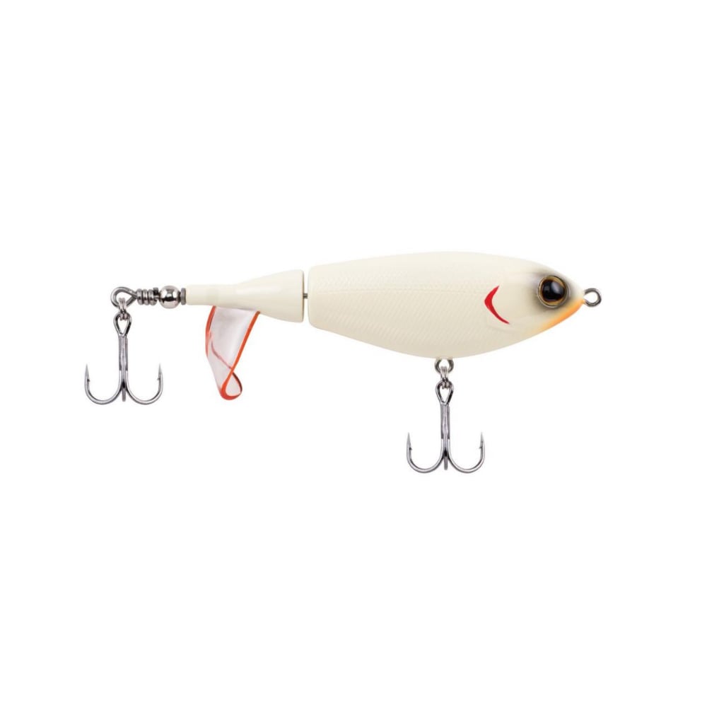 The Berkley Choppo by Berkley is a white fishing lure featuring an orange tail fin, painted eye and mouth, jointed body for realistic motion, two treble hooks, and precision balance to ensure it stays a top water lure.