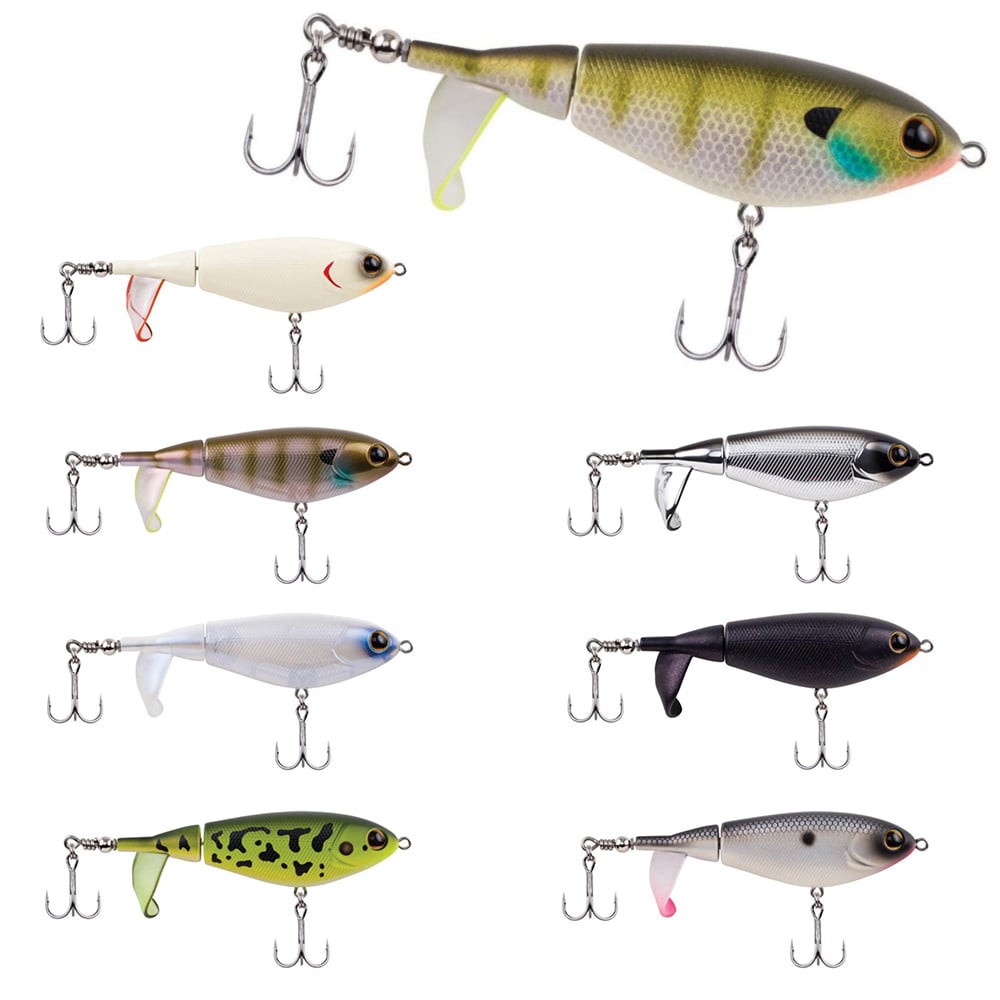 The Berkley Choppo collection features eight water lures with jointed bodies and treble hooks, displayed in two columns. They offer precision balance and come in colors like green with black spots, silver, white, black, and brown.