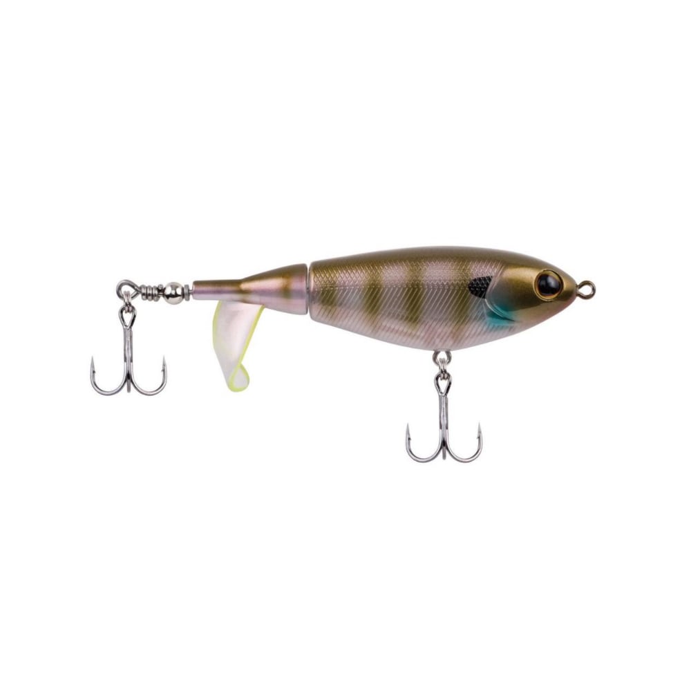 The Berkley Choppo by Berkley is a realistic fishing lure with a fish-like body in natural colors, two treble hooks, precision balance, lifelike fish eyes, intricate gill details, and a durable tail propeller for added realism.