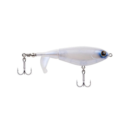 The Berkley Choppo by Berkley is a white, fish-shaped topwater lure with a realistic eye. It features two treble hooks on the belly and tail, precision balance, and a durable tail propeller with a paddle design for enhanced movement.