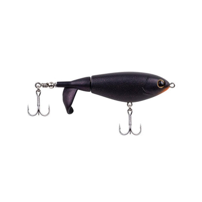 The Berkley Choppo, by Berkley, is a black topwater lure shaped like a fish. It features two treble hooks, a durable tail propeller for realistic movement, precision balance, and a single eye with an orange rim near the front.