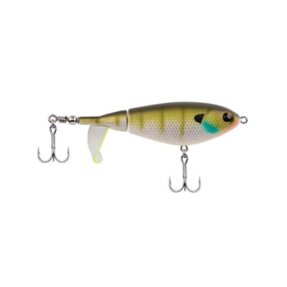 The Berkley Choppo by Berkley is a segmented fishing lure with a jointed body and durable tail propeller. It features a greenish hue with speckled patterns, two treble hooks, and precision balance for an irresistible and realistic presentation in the water.