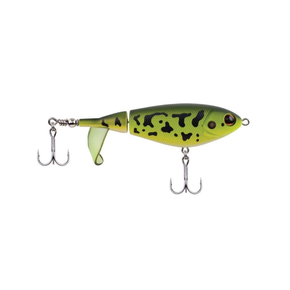 The Berkley Choppo by Berkley is a topwater lure designed like a fish, with a jointed body in green and black, featuring a striking red eye. Its precision balance ensures realistic movement, with two treble hooks and a durable tail propeller enhancing its appeal.