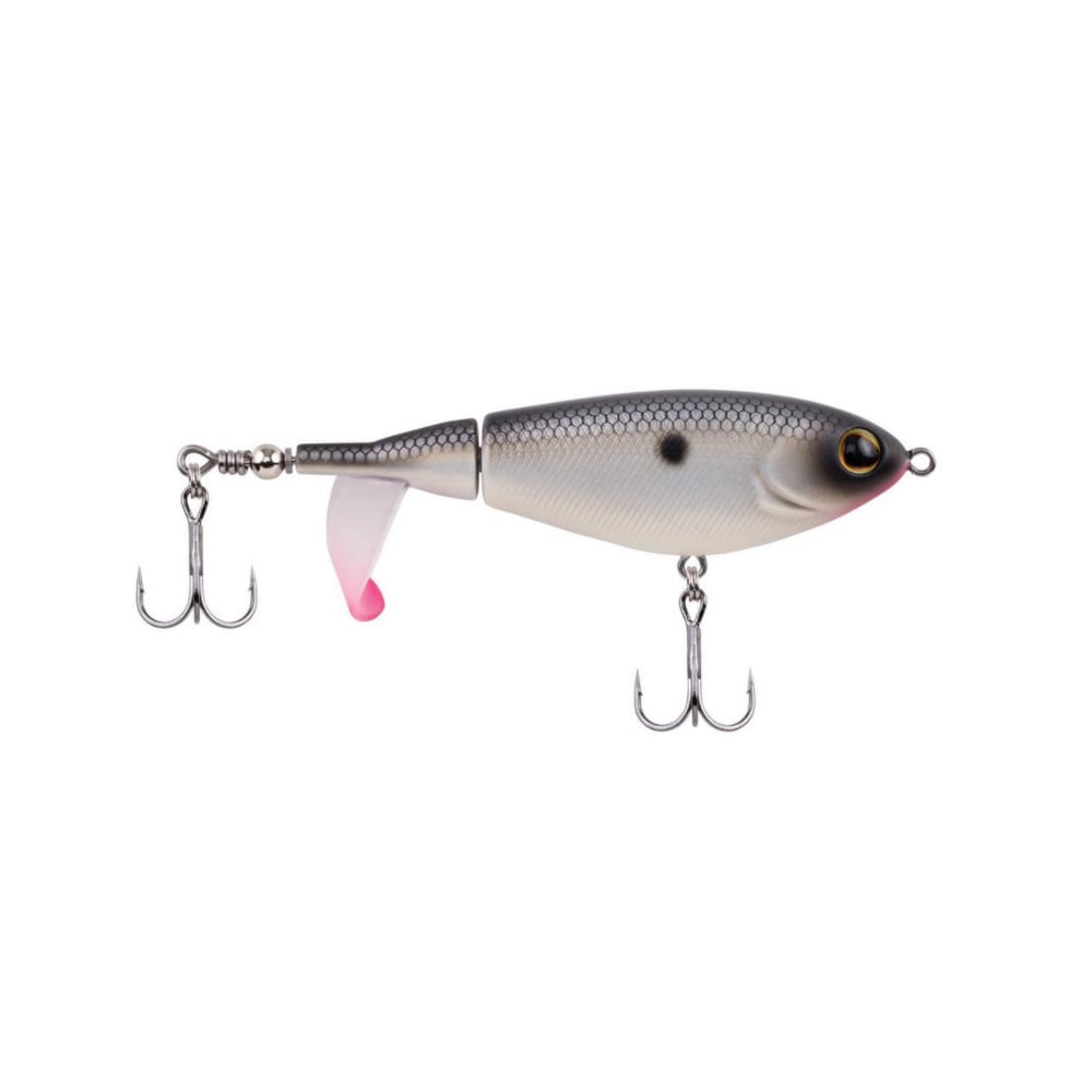 The Berkley Choppo by Berkley is a fishing lure resembling a small fish with a segmented body, precision balance, durable tail propeller, realistic eye, gray scales, and two treble hooks beneath and at the rear.