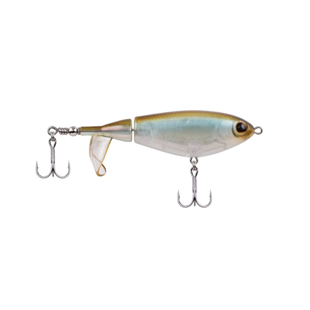 The Berkley Choppo by Berkley is a segmented fishing lure with precision balance and a realistic fish design, featuring silver and gold coloring, a jointed body with two treble hooks, and a durable tail propeller located just behind the small fin on the rear section.