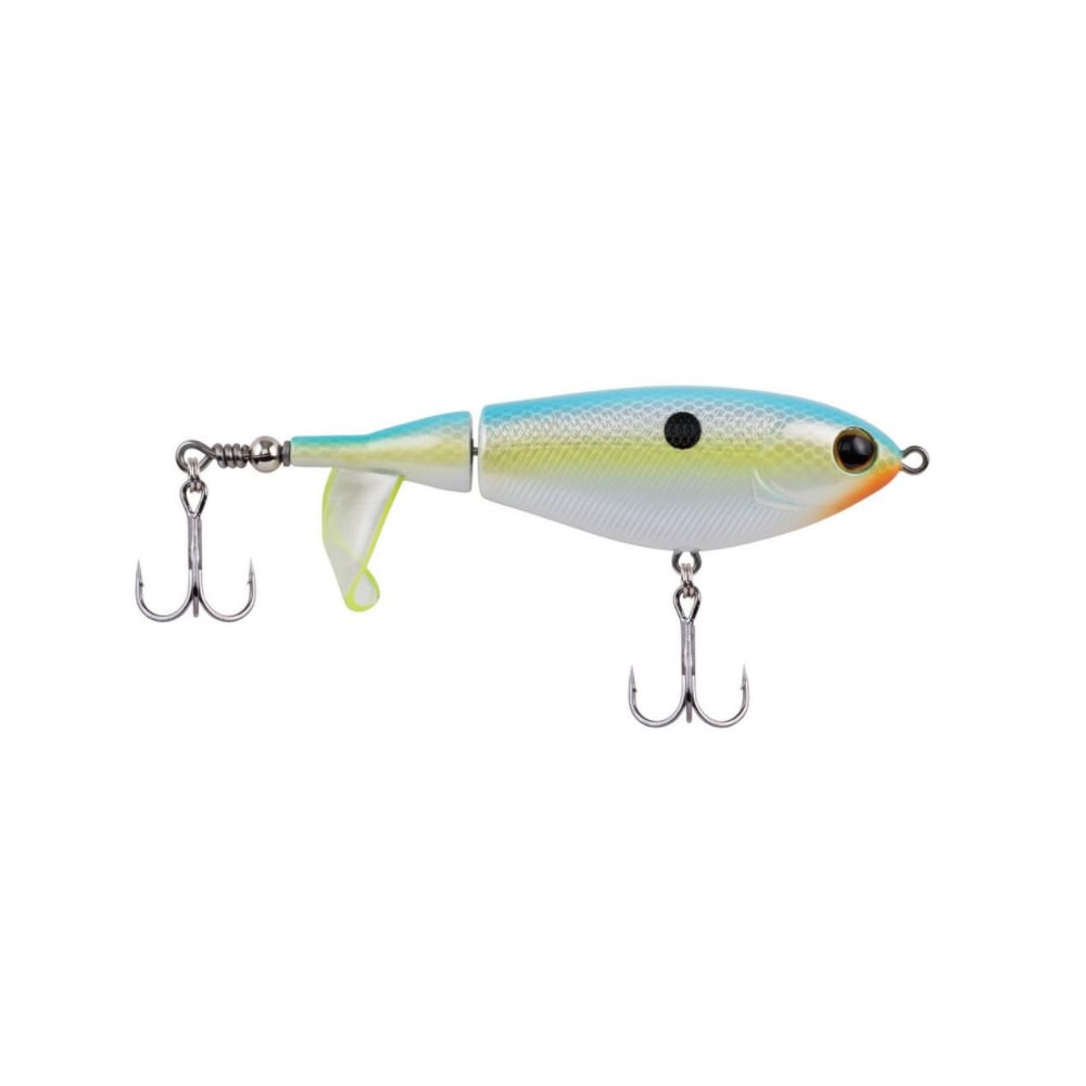 The Berkley Choppo by Berkley is a fishing lure with a segmented body, resembling a small fish in blue, white, and yellow. It features precision balance, durable tail propeller, two treble hooks underneath, detailed eyes, and a small fin near the tail.