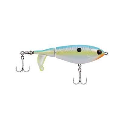 The Berkley Choppo from Berkley is a precision-balanced top water lure with a segmented body resembling a small fish in blue and white. It features an orange face, a black spot near the head, and dual treble hooks for ultimate performance.